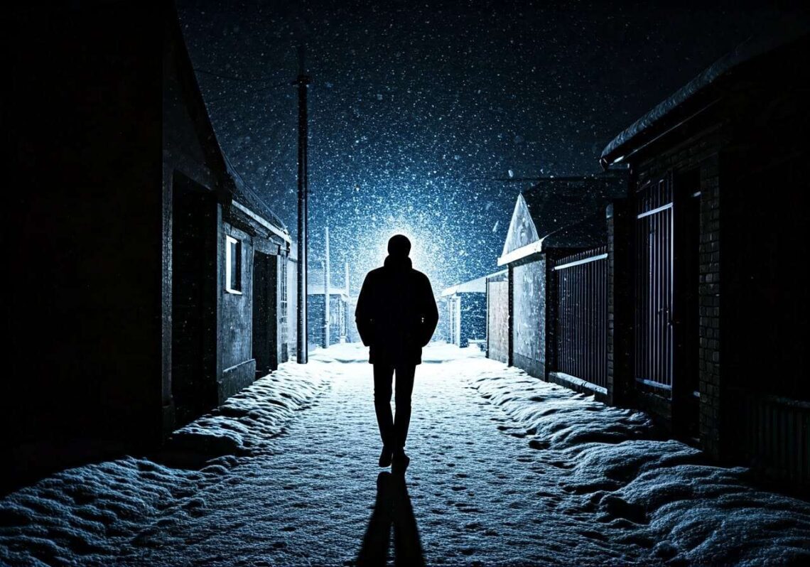 A silhouette of a person walking down a snowy alley at night, illuminated by a bright light in the background, with snow gently falling.