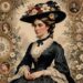 A Victorian-era styled portrait of a young woman dressed in a dark, elegant dress with lace details and a large hat adorned with colorful flowers. She has rosy cheeks and braided hair. The background features ornate designs with floral patterns, clocks, and framed cameo portraits of other figures.