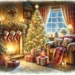 A cozy watercolor painting of a living room decorated for Christmas, featuring a Christmas tree with ornaments and lights, a glowing fireplace with stockings, a plush sofa with holiday cushions, and wrapped gifts under the tree. The scene is warm and inviting, with soft brushstrokes and a snowy window view in the background.