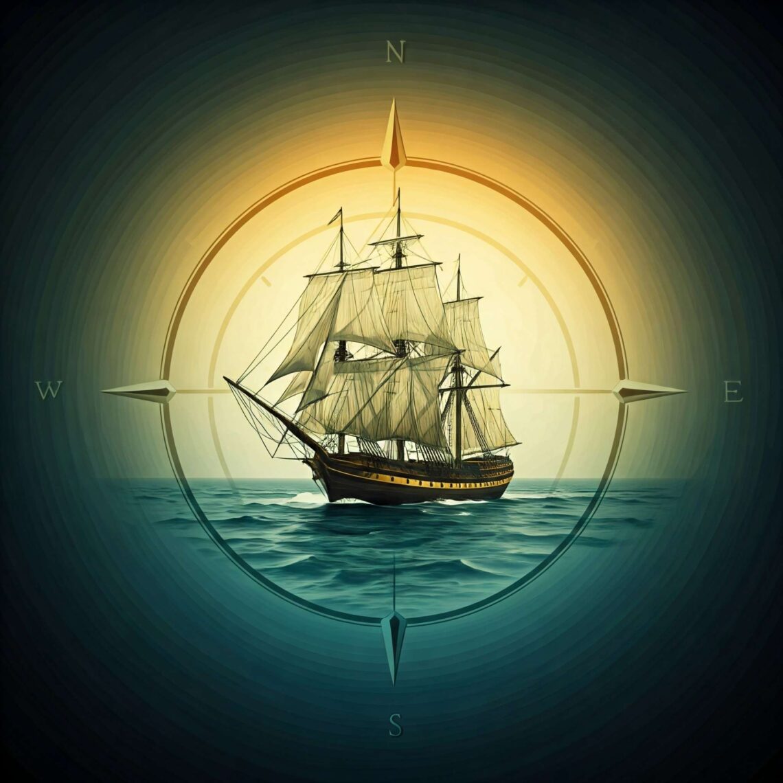 A majestic sailing ship navigating calm ocean waters, framed by a glowing compass rose, symbolizing direction and exploration.