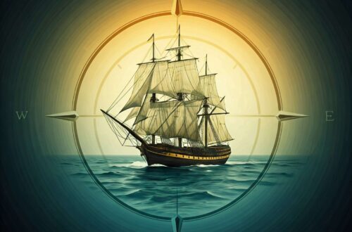 A majestic sailing ship navigating calm ocean waters, framed by a glowing compass rose, symbolizing direction and exploration.