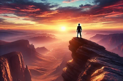 A silhouetted figure stands at the edge of a cliff, overlooking a vast horizon at sunrise with vibrant orange and pink hues, symbolizing courage and overcoming challenges.