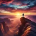 A silhouetted figure stands at the edge of a cliff, overlooking a vast horizon at sunrise with vibrant orange and pink hues, symbolizing courage and overcoming challenges.
