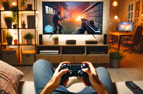 A person gaming on a couch in a cozy, warmly lit living room.
