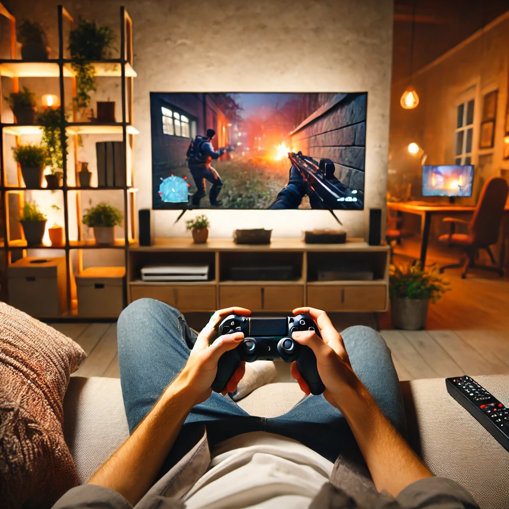 A person gaming on a couch in a cozy, warmly lit living room.