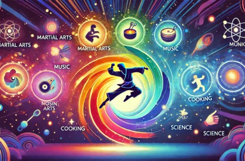 A colorful illustration of a character leaping between glowing, vibrant portals, each representing a unique skill, set against a cosmic background of swirling galaxies.