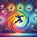 A colorful illustration of a character leaping between glowing, vibrant portals, each representing a unique skill, set against a cosmic background of swirling galaxies.
