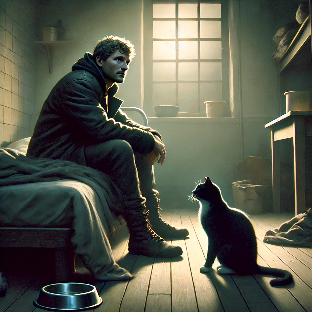 A man sits on the edge of a bed in a small shelter room, deep in thought, with his black-and-white tuxedo cat beside him. The room is modest but personal, reflecting both hardship and hope. The cat gazes at him with quiet understanding, symbolizing their unbreakable bond.