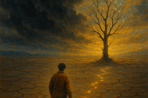 A man walking through a desert with his cat, heading toward a tree.