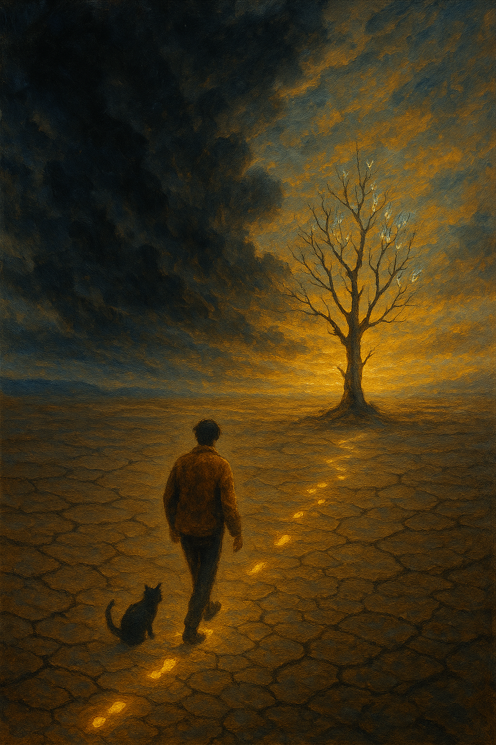 A man walking through a desert with his cat, heading toward a tree.